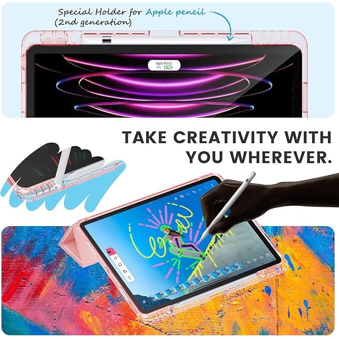 Husa protectie pentru iPad Air 6 2024, 10.9/11 inch, cu suport pentru creion, pliabil, transparent, material TPU, roz