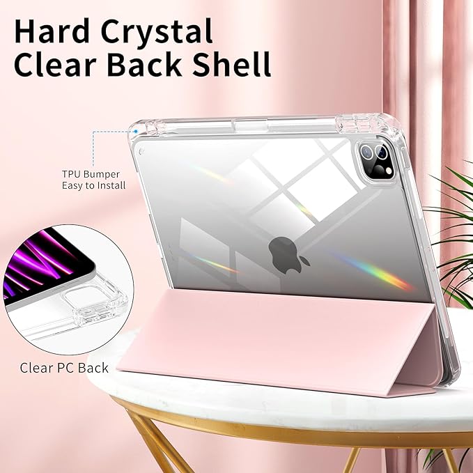 Husa protectie pentru iPad Air 6 2024, 10.9/11 inch, cu suport pentru creion, pliabil, transparent, material TPU, roz