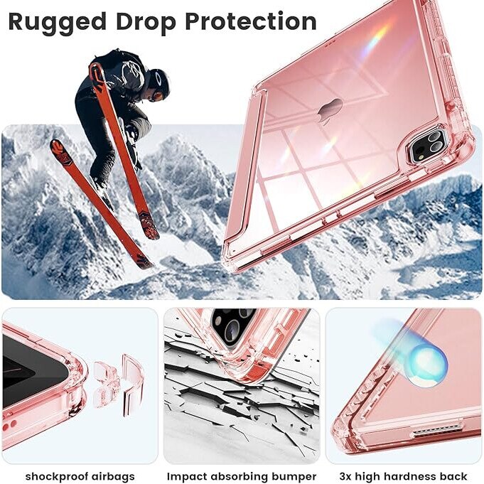 Husa protectie pentru iPad Air 6 2024, 10.9/11 inch, cu suport pentru creion, pliabil, transparent, material TPU, roz
