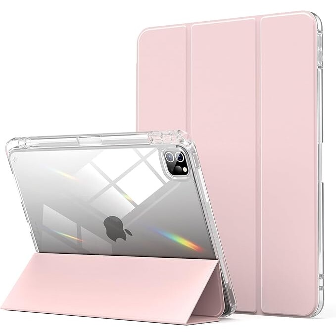 Husa protectie pentru iPad Air 6 2024, 10.9/11 inch, cu suport pentru creion, pliabil, transparent, material TPU, roz