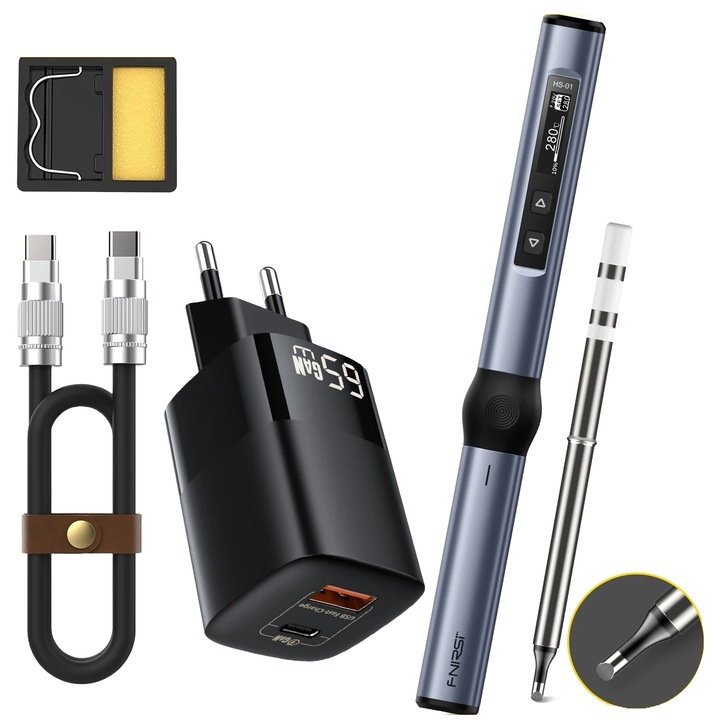 Преносим поялник FNIRSI, HS01-KIT2, PD 65W, DC 96W, регулиране на температурата, презареждаема батерия, USB TYPE-C порт за зареждане и адаптер, сив