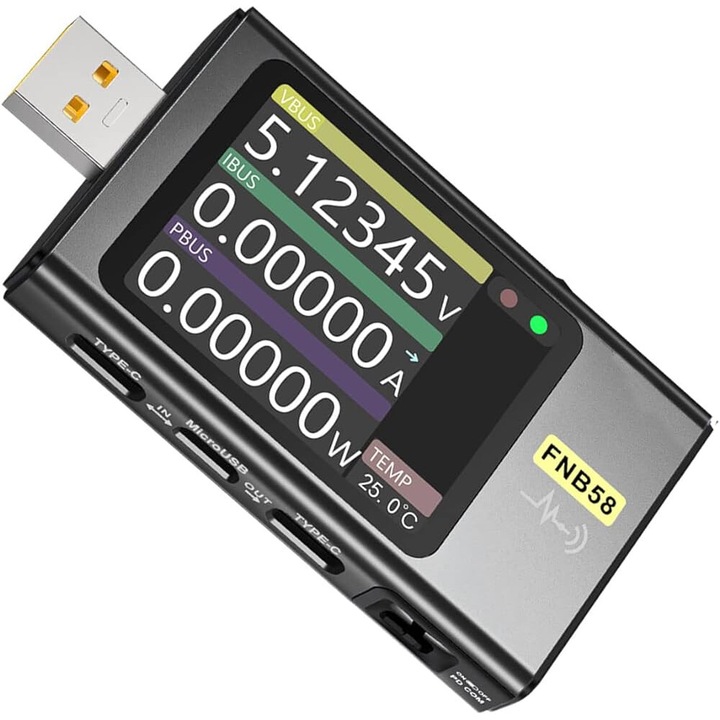 USB тестер FNIRSI, FNB58, измерване на напрежение, ток, мощност, капацитет, съпротивление, без Bluetooth, черен