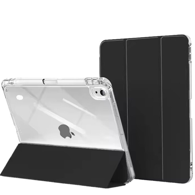 Husa protectie pentru iPad Air 6 2024, 10.9/11 inch, cu suport pentru creion, pliabil, transparent, material TPU, neagra