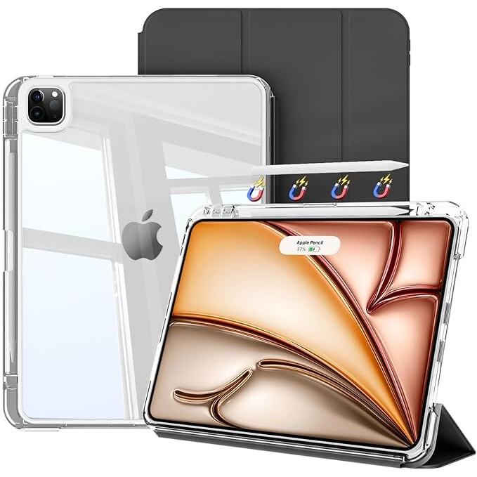 Husa protectie pentru iPad Air 6 2024, 10.9/11 inch, cu suport pentru creion, pliabil, transparent, material TPU, neagra