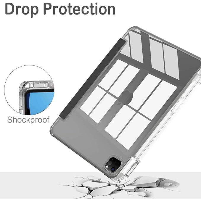 Husa protectie pentru iPad Air 6 2024, 10.9/11 inch, cu suport pentru creion, pliabil, transparent, material TPU, neagra