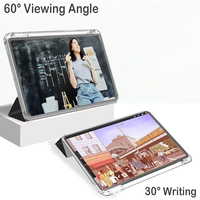 Husa protectie pentru iPad Air 6 2024, 10.9/11 inch, cu suport pentru creion, pliabil, transparent, material TPU, neagra