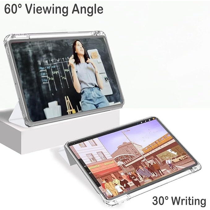 Husa protectie pentru iPad Air 6 2024, 10.9/11 inch, cu suport pentru creion, pliabil, transparent, material TPU, gri