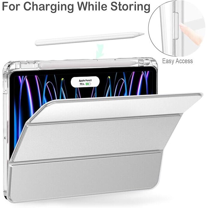 Husa protectie pentru iPad Air 6 2024, 10.9/11 inch, cu suport pentru creion, pliabil, transparent, material TPU, gri