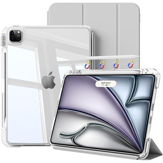 Husa protectie pentru iPad Air 6 2024, 10.9/11 inch, cu suport pentru creion, pliabil, transparent, material TPU, gri