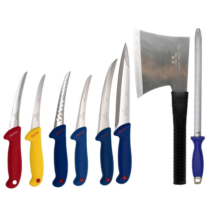 Set 7 cutite profesionale macelarie, 1 cutit injunghiat, 1 cutit filetat, 4 cutite dezosat lama curbata forjata, 1 satar macelarie, otel, coshop®