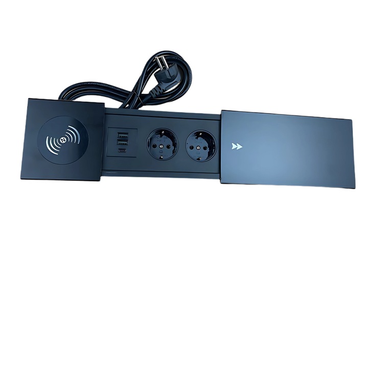Munkalapi aljzat, REMITEN, Iroda, Konyha, Bútor, Vezeték nélküli töltés, 2 Shucko aljzat, 2 USB A port és 1 C port, Töltő, 2A, 1,8 méteres kábellel, Európai csatlakozó, Csúszósín burkolat, 16A, 240V-2400W, Aljzat, fekete színű
