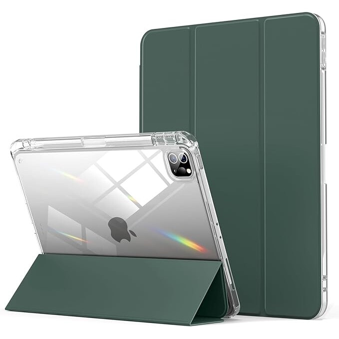 Husa protectie pentru iPad Air 6 2024, 10.9/11 inch, cu suport pentru creion, pliabil, transparent, material TPU, verde inchis