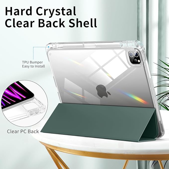 Husa protectie pentru iPad Air 6 2024, 10.9/11 inch, cu suport pentru creion, pliabil, transparent, material TPU, verde inchis