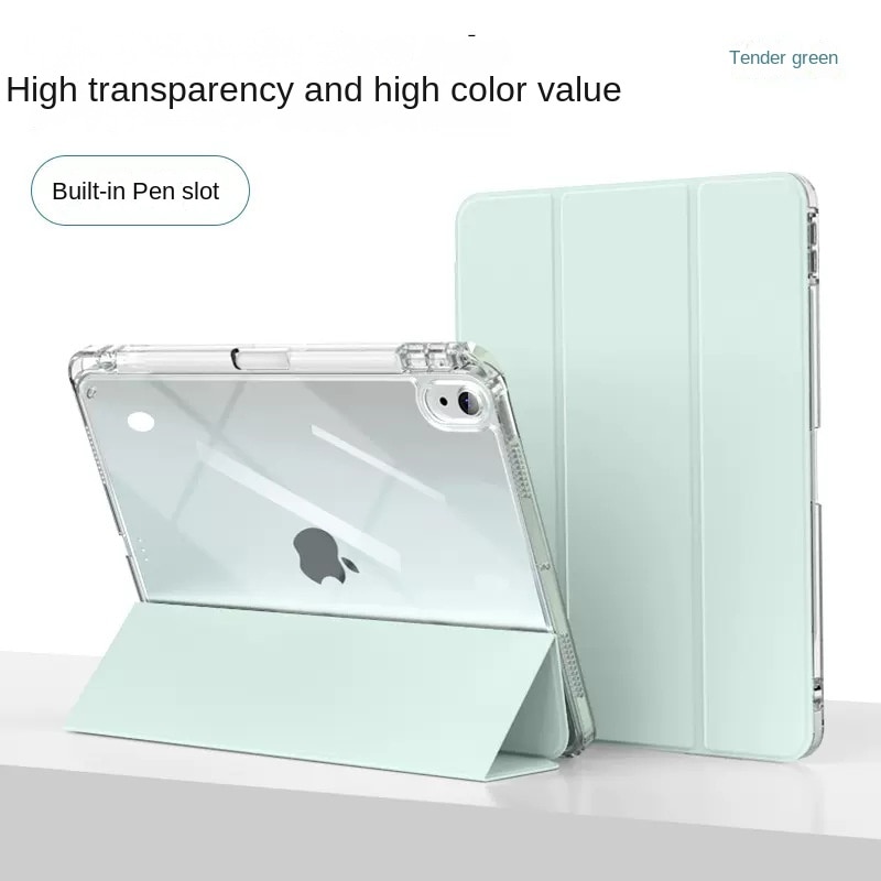 Husa protectie pentru iPad Air 6 2024, 10.9/11 inch, cu suport pentru creion, pliabil, transparent, material TPU, verde aprins