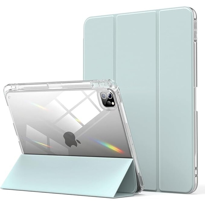 Husa protectie pentru iPad Air 6 2024, 10.9/11 inch, cu suport pentru creion, pliabil, transparent, material TPU, verde aprins