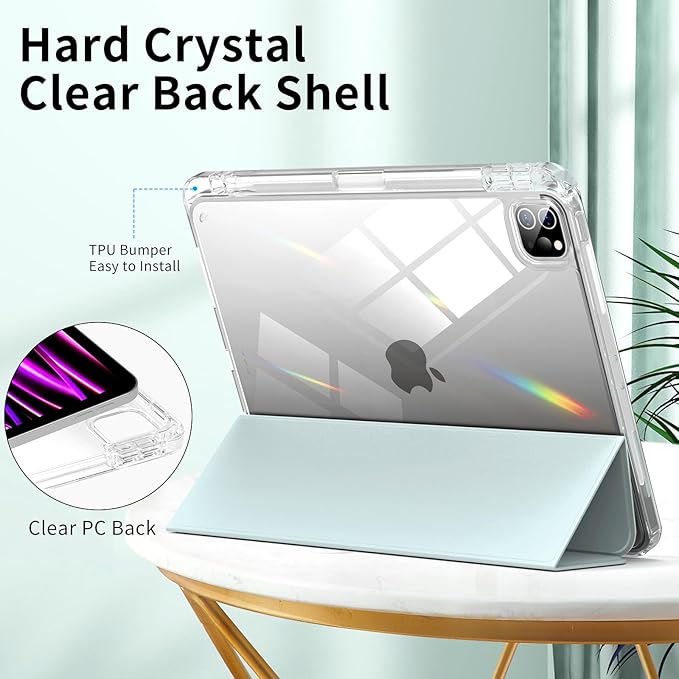 Husa protectie pentru iPad Air 6 2024, 10.9/11 inch, cu suport pentru creion, pliabil, transparent, material TPU, verde aprins