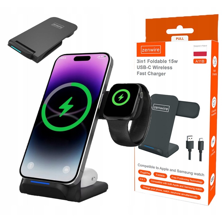 Vezeték nélküli töltőállomás 3 az 1-ben, Zenwire, A11B, Induktív QI, Gyors töltés 15W, Összecsukható kialakítás, Működik SmartWatch, vezeték nélküli fejhallgatóval, Kompatibilis iPhone, Samsung, univerzális, fekete