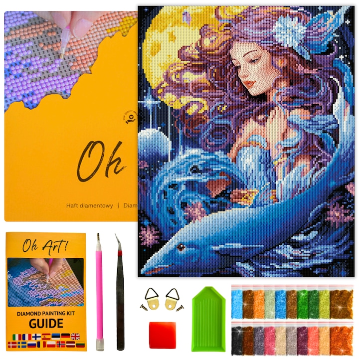 Комплект за диамантена бродерия с рамка - Диамантена картина 40x50 см, диамантен гоблен Жена-русалка на лунна светлина Направи си сам за възрастни и деца - Oh Art!®