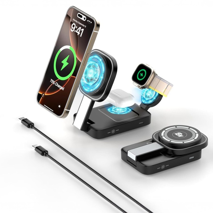 Statie de Incarcare 3 in 1 Magnetica Elindor®, 15W, Suport Incarcator Wireless Magnetic Pliabil si Portabil, Magsafe, Telefon Compatibil iPhone, Charging Apple Watch, AirPods, Stand Incarcare de Birou Fara Fir, Incarcatoare Fast Charger, Negru