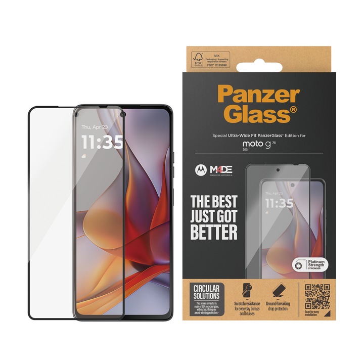 Стъклен протектор PanzerGlass за Motorola Moto G75 5G, UWF, Черен