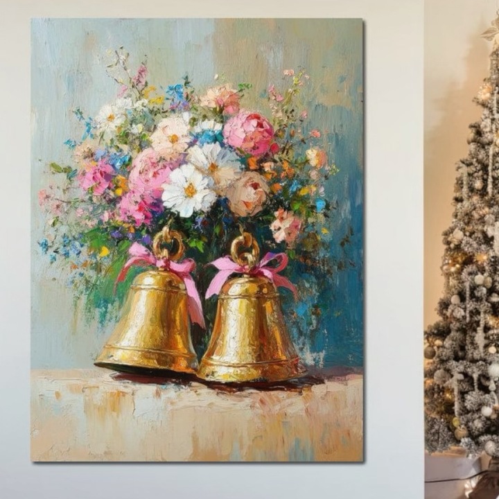 Премиум картина върху платно, LuxCanva® D1028, Цъфтящи камбанки, 100 X 135 СМ, 100% памучно платно 400 г/м2, дървена рамка, Божури, Камбанки, Злато, Декорации, Букет, Хол, Ярки цветове