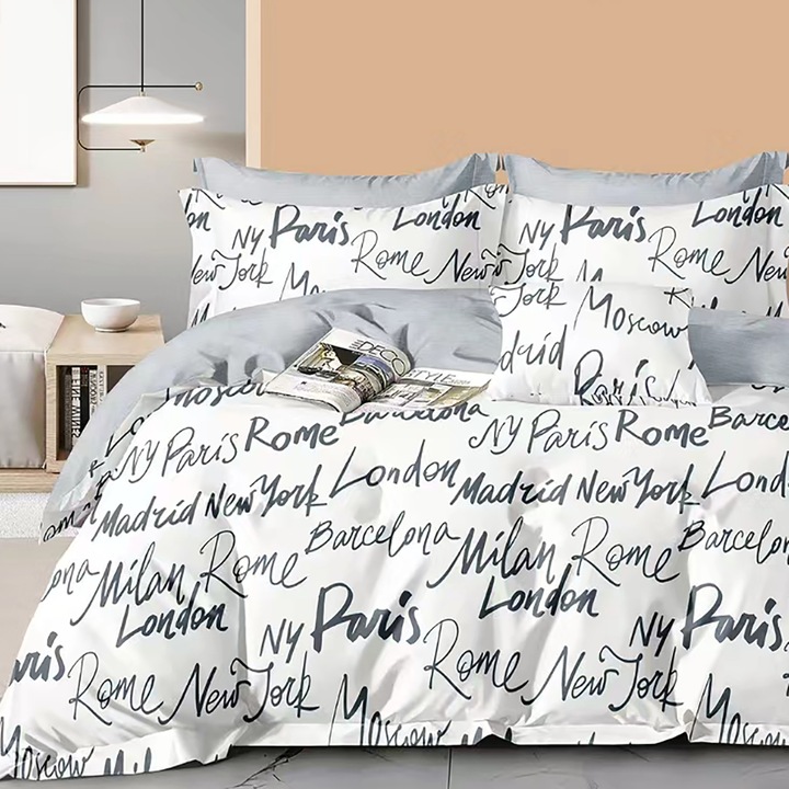 Lenjerie pat dublu extra large Percalle imprimat Bumbac 100%, 6 piese, cearsaf pat 240x260 cm, pilota 200x230 cm, 2 fete perna 50x70 cm si 70x70 cm, Capitale Alb / Gri, Pucioasa