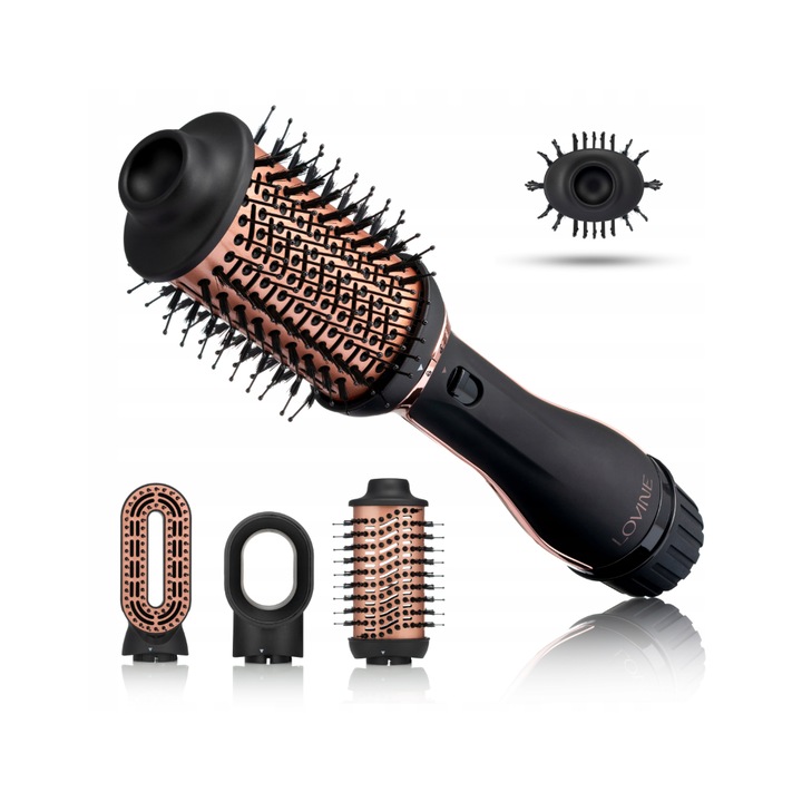 Perie electrica de par, Lovine, LOVHD5000, 1200W, 3in1, Indreptare/Ondulator, Control temperatura, Control suflare, Ionizare, Anti-frizz, Volumizator, 3 sfaturi, Negru/Roz aur