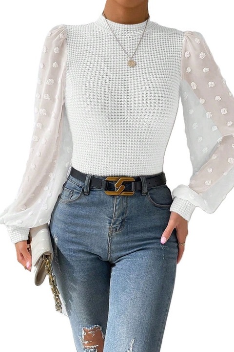 Bluza Dama, Cu Broderie, Maneci Bufante Cu Volane, Bumbac, Alb