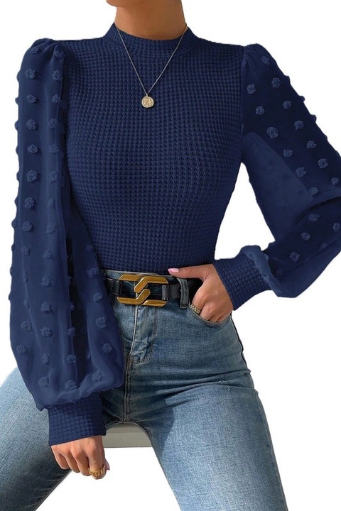Bluza Dama, Cu Broderie, Maneci Bufante Cu Volane, Bumbac, Bleumarin