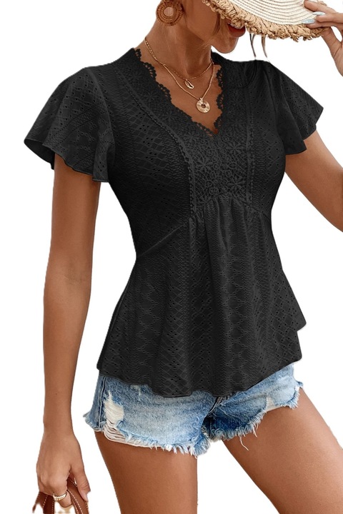 Bluza Dama, Frenchy Cu Broderie Si Dantela In Contrast, Negru