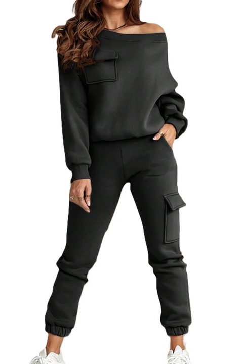 Trening Dama, Clasic, Hanorac Cazuta Pe Umar Si Pantaloni De Trening, Negru