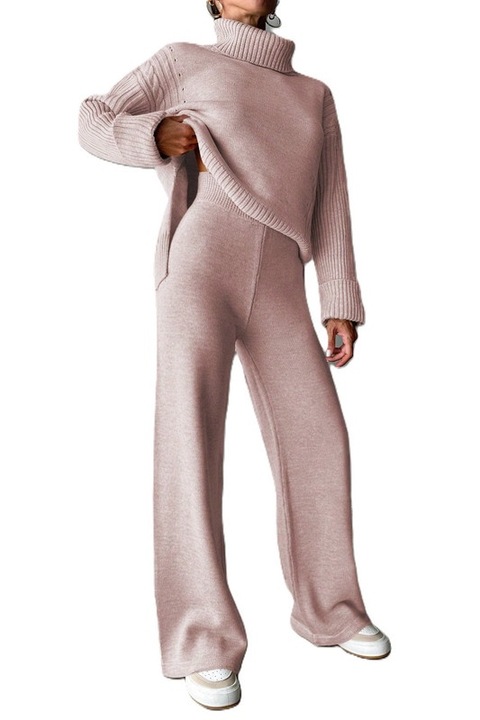 Trening Dama, Bluza Cu Guler Si Pantaloni Talie Inalta, Roz pal