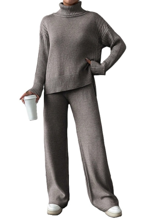 Trening Dama, Bluza Cu Guler Si Pantaloni Talie Inalta, Maro deschis