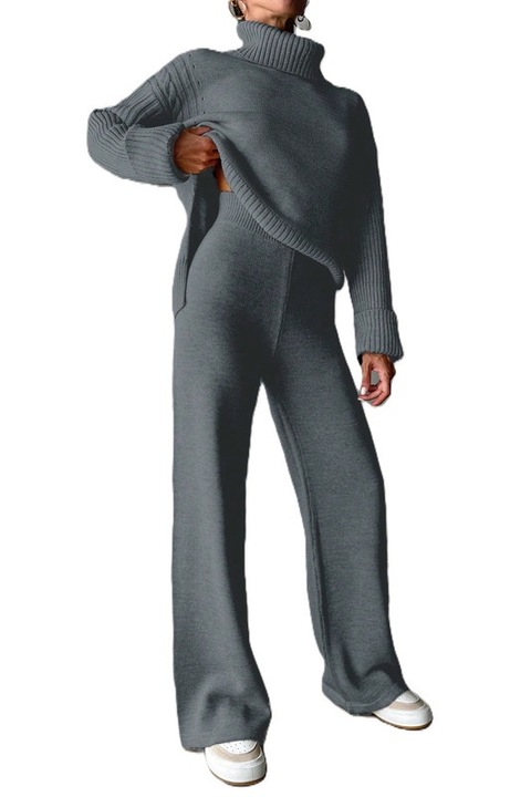 Trening Dama, Bluza Cu Guler Si Pantaloni Talie Inalta, Gri inchis