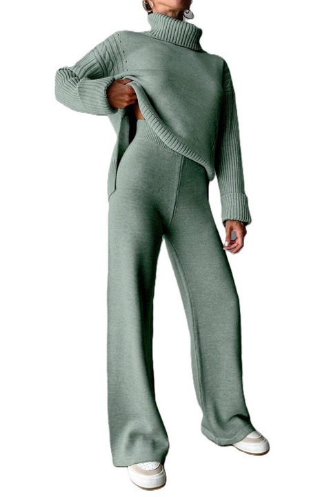 Trening Dama, Bluza Cu Guler Si Pantaloni Talie Inalta, Verde deschis