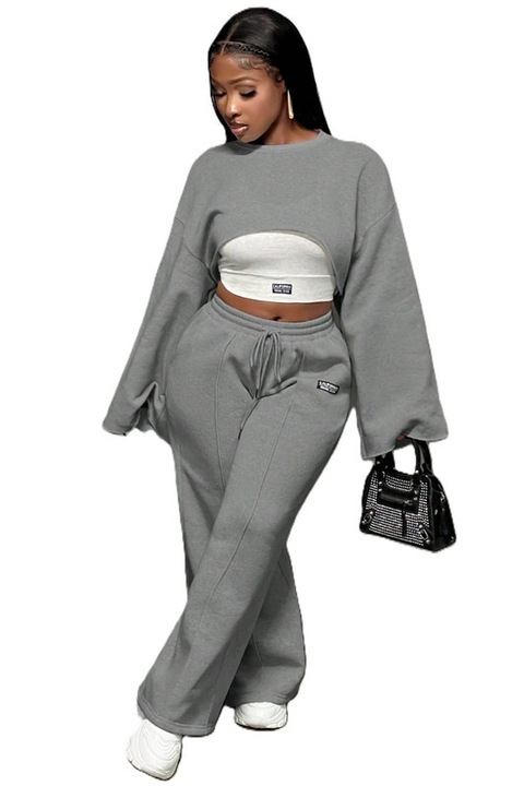 Trening Dama, Set Compus Din 3 Bucati, Pantaloni Talie Inalta, Maieu Si Hanorac Cropped, Gri inchis