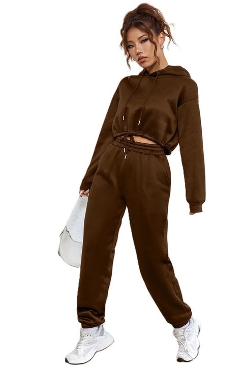 Trening Dama, Hanorac Cropped Si Pantaloni De Trening, Croiala Lejera, Talie Inalta, Maro