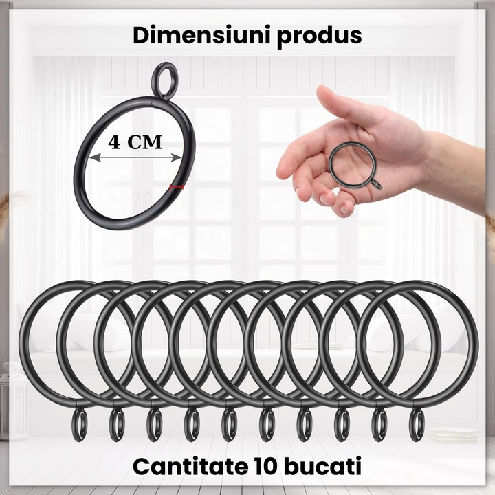 Inele Perdea Home Sweet Paradise® Plastic Rezistent Diametru 4 Cm Gri, Set 10 Inele Perdea Cu Montaj Rapid Si Glisare Silentioasa, Inele Perdea Pentru Sina Si Bara Standard, Accesorii Ferestre Durabile Pentru Draperii Si Perdele Usoare