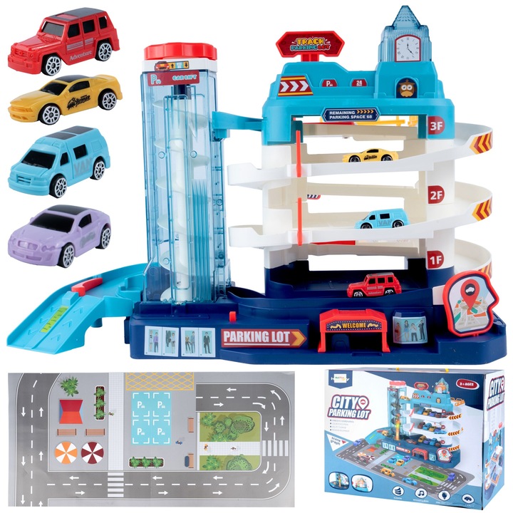 Circuit cu Parcare pentru copii ISP "LikeSmart Mini City Parking Lot", Lumini si Sunete, 3 Nivele, 4 Masinute, Covor Circuit, Lift Electric, Alb