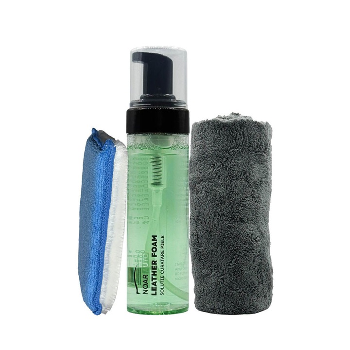 Pack intretinere piele auto - Solutie de curatat piele (200ml) & Burete abraziv & Laveta interior, Noar Auto, Curatare rapida si eficienta
