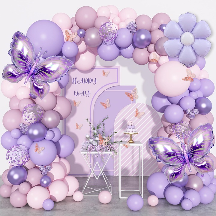 Комплект от 171 балона за рожден ден, PHIKER, тема пеперуда, розови и лилави цветове