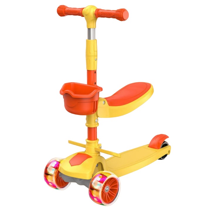 Trotineta scooter cu 3 roti reglabila pentru copii Mixbo, cu lumini, cosulet si scaunel, 2-3 ani, portocaliu