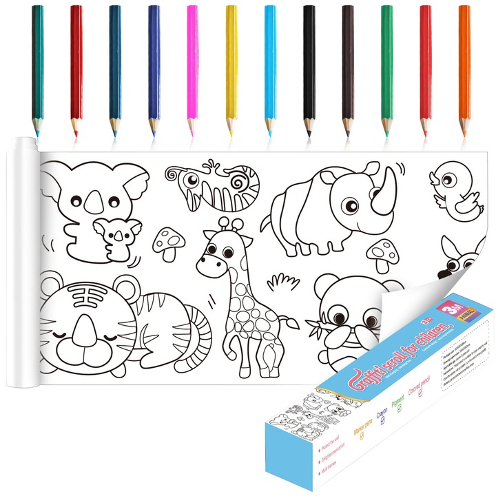 Set Placa de Colorat cu creioane pentru Copii LYCENXI, 30cm x 3m, 12 culori