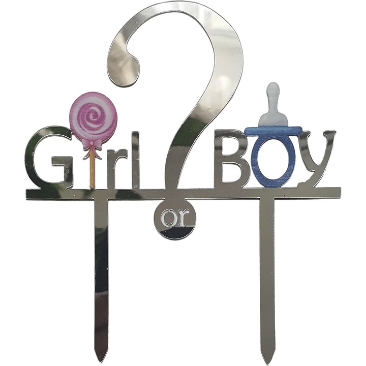 Topper Tort Gender Reveal Boy or Girl 17 cm, Argintiu