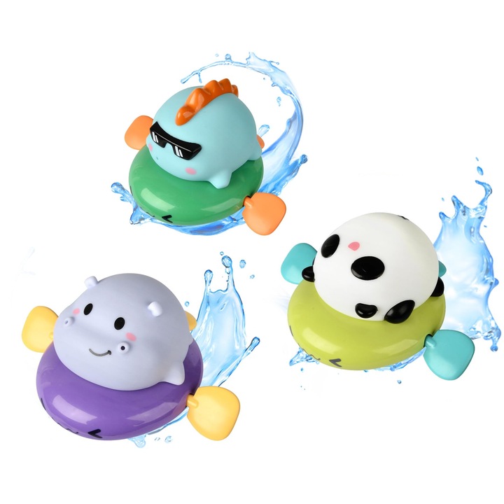 3 db interaktív fürdőjáték készlet gyerekeknek, FOMOX, vízpermetező, elem nélkül, ABS anyag, víziló, dinoszauruszok, panda