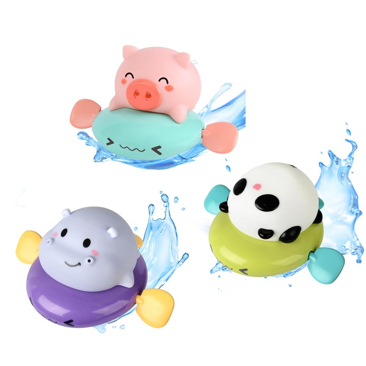 3 db interaktív fürdőjáték készlet gyerekeknek, FOMOX, vízpermet, elem nélkül, ABS anyag, malac, víziló, panda