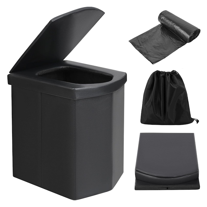 Set Toaleta Portabil Pliabil, SINBINTA, Cu capac, 60 saci de gunoi, Portabila si pliabila, Suporta pana la 150 kg, Usor de curatat, Pentru masina, drumetii, plaja si aventuri de camping, PU, 35x31x42cm, Negru