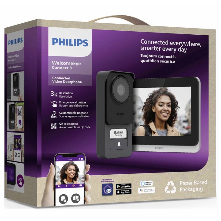 Kit Videointerfon Philips WelcomeEye Connect 3, Wi-Fi, Ecran Tactil 7", Camera HD, Vizibilitate Nocturna, 3K, Control Smartphone, Acces RFID & QR, Rezistent la apa