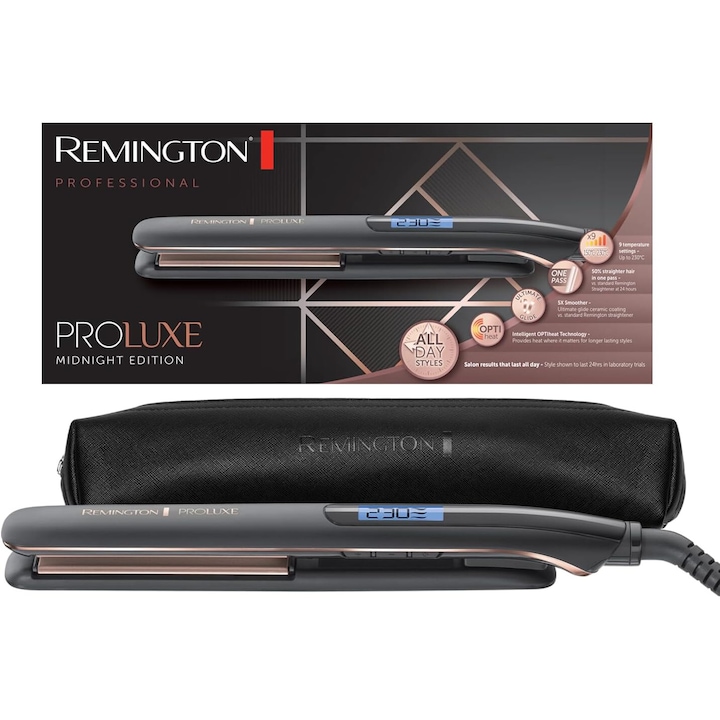 Преса за коса Remington PROluxe Midnight S9100B 150-230°C с усъвършенствана технология OPTIheat 150°C и 230°C Защита срещу увреждане, Сензор за топлинна защита, Керамично покритие