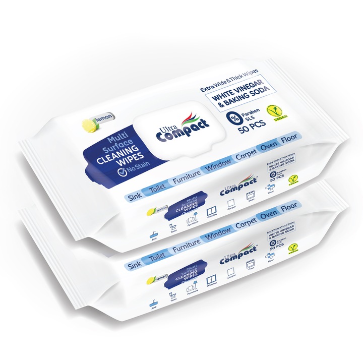 Servetele Umede Multi-Suprafete cu Otet si Bicarbonat, 2 Pachete, ExtraLarge 22x22cm, Grosime 65gsm – Curatare Pura, Fara Pete, Ultra Compact, 100 buc